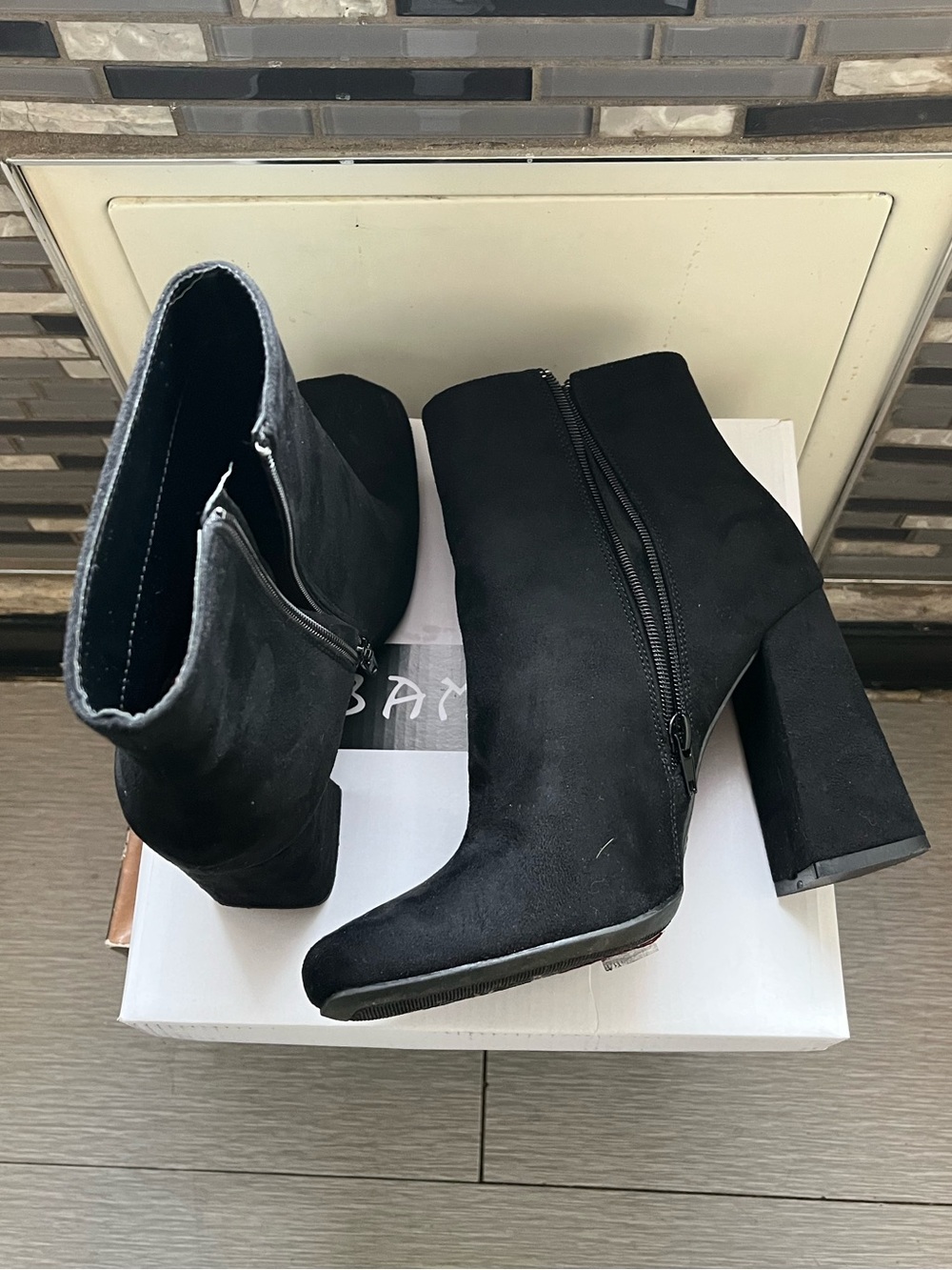 BAMBOO Black Suede Square‑Toe Ankle Booties w/ Side Zip